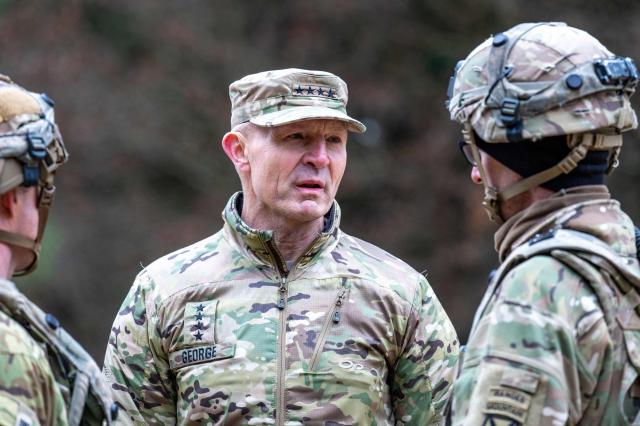(FILES) Army Chief of Staff General Randy George speaks to US Soldiers at the Hohenfels Training Area in southern Germany on February 6, 2025. Secretary of Defense Pete Hegseth has asked General Randy George to step down as chief of staff of the US Army, a US official said on April 2. The official confirmed a report from US broadcaster CBS which said George had been asked to take immediate retirement. (Photo by ARMIN WEIGEL / AFP)