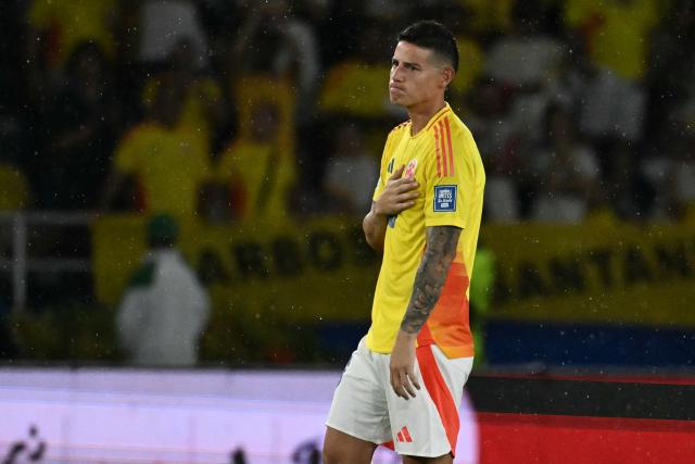 (FILES) Colombia's midfielder #10 James Rodriguez gestures at the end of the 2026 FIFA World Cup South American qualifiers football match between Colombia and Bolivia at the Roberto Melendez Metropolitan stadium in Barranquilla, Colombia on September 4, 2025. Colombian star James Rodriguez was hospitalized for three days in the United States following the March 29 friendly match against France due to “severe dehydration,” the Colombian Football Federation (FCF) reported on April 2, 2026. (Photo by Luis ACOSTA / AFP)