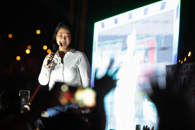 Peru's presidential candidate Keiko Fujimori, for the Fuerza Popular party, speaks to supporters during a campaign rally at the Peru-Korea Esplanade in the Ventanilla district, Peru on April 2, 2026. Peru will hold presidential elections on April 12. (Photo by Connie FRANCE / AFP)