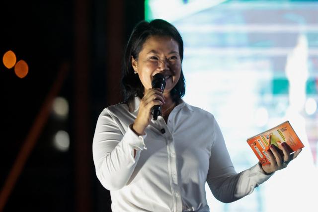 Peru's presidential candidate Keiko Fujimori, for the Fuerza Popular party, speaks to supporters during a campaign rally at the Peru-Korea Esplanade in the Ventanilla district, Peru on April 2, 2026. Peru will hold presidential elections on April 12. (Photo by Connie FRANCE / AFP)