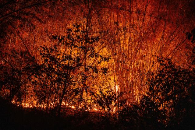 A hillside wildfire is seen from a road in Chiang Mai on April 1, 2026. Seasonal agricultural burning, forest fires and weather patterns produce an annual pollution season across much of Southeast Asia. But parts of northern Thailand are seeing haze that even hardened locals say is exceptional. (Photo by ANTHONY WALLACE / AFP) / To go with 'Thailand-Pollution-Environment-Fire-Health' Reportage by Chayanit ITTHIPONGMAETEE
