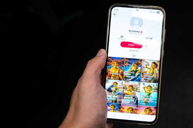 This illustration photograph shows shows "Fruit Love Island", an AI-generated TikTok micro-series based on the television hit "Love Island" -- except all the participants are sexy human-like fruit, in Tokyo on April 3, 2026. (Photo by Philip FONG / AFP)