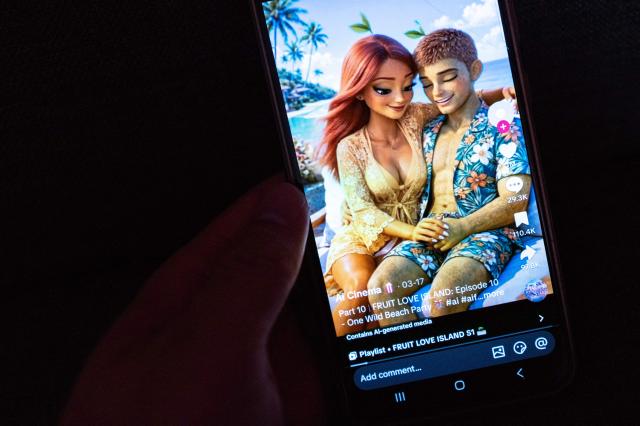 This illustration photograph shows shows "Fruit Love Island", an AI-generated TikTok micro-series based on the television hit "Love Island" -- except all the participants are sexy human-like fruit, in Tokyo on April 3, 2026. (Photo by Philip FONG / AFP)