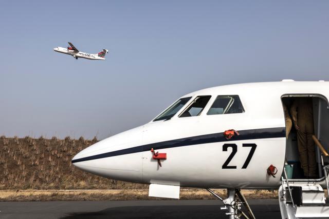 A Global Aviation aircraft takes off from Praia International Airport – Nelson Mandela in Praia, Cape Verde, on April 2, 2026. A Falcon 50 aircraft has been deployed to Cape Verde as part of France’s mission to reinforce maritime security in the Gulf of Guinea through the CORYMBE Mission and to combat illicit maritime activities such as illegal, unreported and unregulated (IUU) fishing, drug trafficking or piracy. (Photo by PATRICK MEINHARDT / AFP)