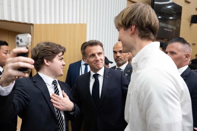 French President Emmanuel Macron attends a meeting with students at Yonsei University in Seoul on April 3, 2026. (Photo by Jeanne Accorsini / POOL / AFP)