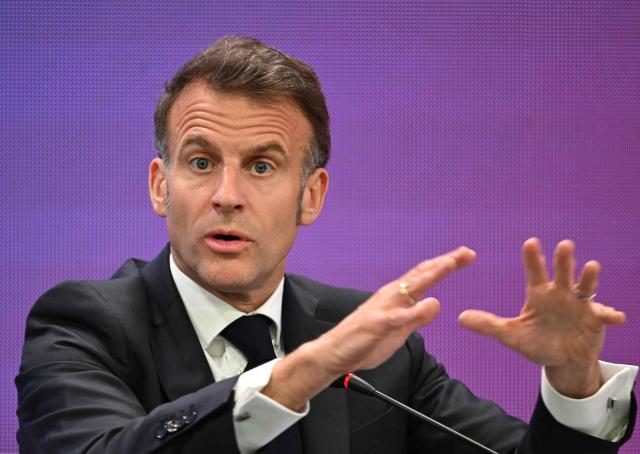 French President Emmanuel Macron speaks during a French-Korean business forum in Seoul on April 3, 2026. (Photo by Jung Yeon-je / AFP)