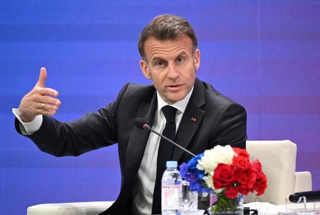 French President Emmanuel Macron speaks during a French-Korean business forum in Seoul on April 3, 2026. (Photo by Jung Yeon-je / AFP)