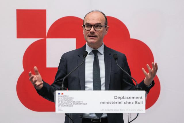 France’s junior Minister for Industry Sebastien Martin delivers a speech during a visit the site of IT company Bull in Les-Clayes-sous-Bois on April 3, 2026. Bull, which manufactures supercomputers among other products, announced its plan to hire 500 people in 2026, mainly in Europe, after being acquired by the French government and spun off from the Atos group. (Photo by Thomas SAMSON / AFP)