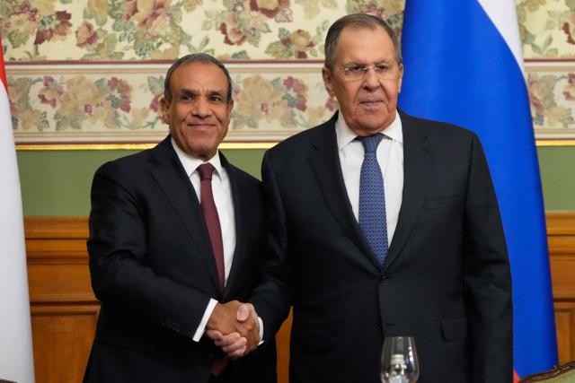 Russian Foreign Minister Sergei Lavrov and Egyptian Foreign Minister Badr Abdelatty shake hands at the end of a joint press conference following their talks at Zinaida Morozova's Mansion in Moscow on April 3, 2026. (Photo by Pavel Bednyakov / POOL / AFP)