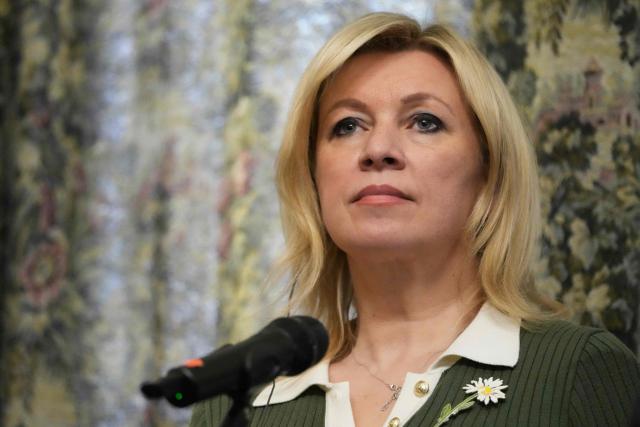 Russian Foreign Ministry spokeswoman Maria Zakharova attends a joint press conference of foreign ministers of Russia ans Egypt following their talks at Zinaida Morozova's Mansion in Moscow on April 3, 2026. (Photo by Pavel Bednyakov / POOL / AFP)