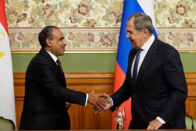 Russian Foreign Minister Sergei Lavrov and Egyptian Foreign Minister Badr Abdelatty shake hands at the end of a joint press conference following their talks at Zinaida Morozova's Mansion in Moscow on April 3, 2026. (Photo by Pavel Bednyakov / POOL / AFP)