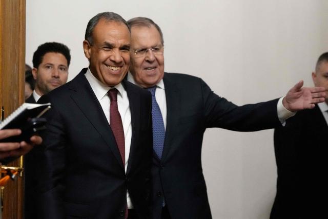 Russian Foreign Minister Sergei Lavrov and Egyptian Foreign Minister Badr Abdelatty arrive for a joint press conference following their talks at Zinaida Morozova's Mansion in Moscow on April 3, 2026. (Photo by Pavel Bednyakov / POOL / AFP)