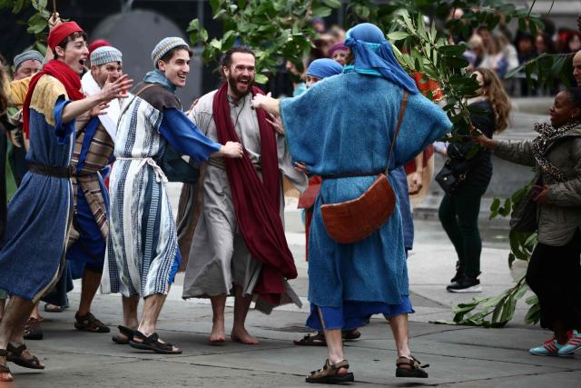 Reenactors put on a performance of Wintershall's 'The Passion of Jesus' on Good Friday in Trafalgar Square in London, on April 3, 2026. (Photo by Henry NICHOLLS / AFP)