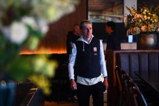 UAE Emirates-XRG's Slovenian rider Tadej Pogacar arrives to attend a press conference ahead of the 110th edition of Tour of Flanders, one-day cycling race in Waregem on April 3, 2026. (Photo by Nicolas TUCAT / AFP)