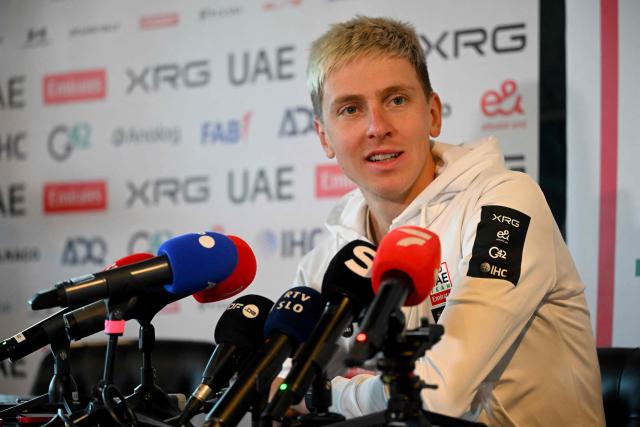 UAE Emirates-XRG's Slovenian rider Tadej Pogacar speaks to journalists during a press conference ahead of the 110th edition of Tour of Flanders, one-day cycling race in Waregem on April 3, 2026. (Photo by Nicolas TUCAT / AFP)