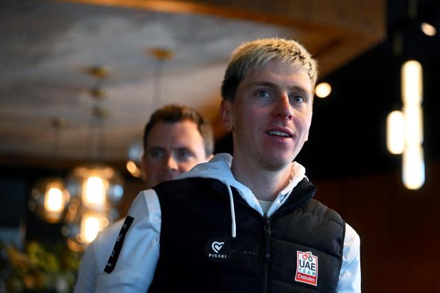 UAE Emirates-XRG's Slovenian rider Tadej Pogacar arrives to attend a press conference ahead of the 110th edition of Tour of Flanders, one-day cycling race in Waregem on April 3, 2026. (Photo by Nicolas TUCAT / AFP)