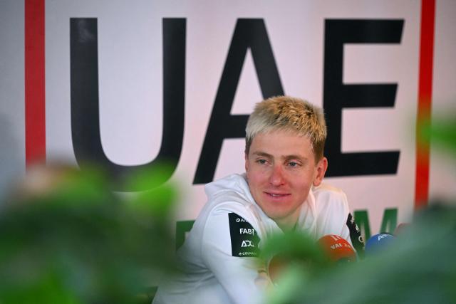 UAE Emirates-XRG's Slovenian rider Tadej Pogacar looks on during a press conference ahead of the 110th edition of Tour of Flanders, one-day cycling race in Waregem on April 3, 2026. (Photo by Nicolas TUCAT / AFP)