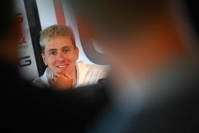 UAE Emirates-XRG's Slovenian rider Tadej Pogacar speaks to journalists during a press conference ahead of the 110th edition of Tour of Flanders, one-day cycling race in Waregem on April 3, 2026. (Photo by Nicolas TUCAT / AFP)