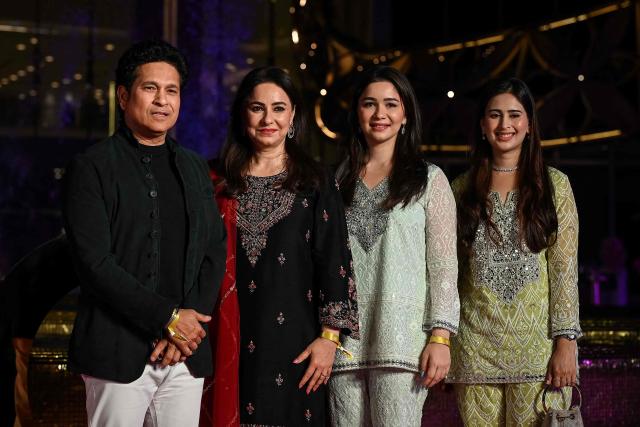 (L-R) India’s former cricketer Sachin Tendulkar, his wife Anjali Tendulkar, their daughter Sara Tendulkar and daughter-in-law Saaniya Chandhok attend celebrations for the third anniversary of The Nita Mukesh Ambani Cultural Centre in Mumbai on April 3, 2026. (Photo by Sujit JAISWAL / AFP)