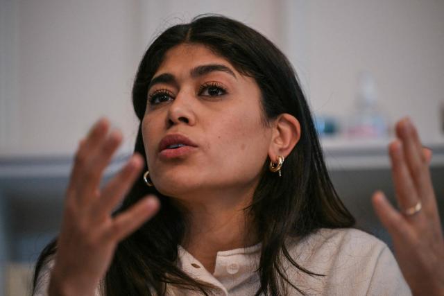 French-Palestinian member of the European Parliament Rima Hassan gives a press conference along with her lawyer following a hearing at the regional headquarters of the judiciary police in Paris, France, on April 3, 2026. La France Insoumise (LFI) MEP Rima Hassan was again questioned by judicial police on April 3, 2026, as part of an investigation separate from the suspicion of "glorification of terrorism" for which she was placed in police custody the day before. During a search of her belongings on April 2, 2026, "the presence of substances resembling CBD on the one hand and 3MMC (a synthetic drug) on the other, about which she was questioned" was discovered, the prosecutor's office said at the end of her police custody, adding that "these elements were separate and will be subject to a distinct procedure". (Photo by Blanca CRUZ / AFP)