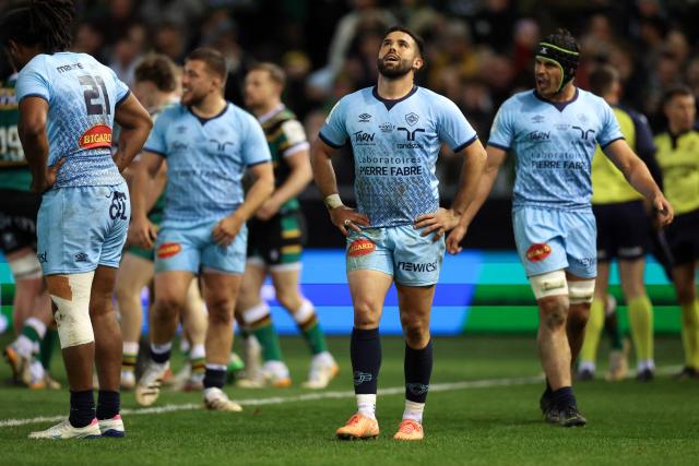 Castres' fly-half Enzo Herve reacts during the European Rugby Champions Cup round of 16 rugby union match, between Northampton Saints and Castres Olympique at Franklin's Gardens in Northampton, central England, on April 3, 2026. (Photo by Darren Staples / AFP)