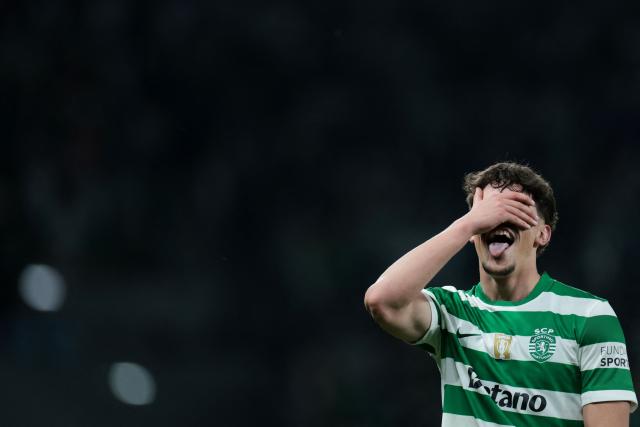 Sporting Lisbon's Portuguese forward #90 Rafael Nel celebrates scoring his team's fourth goal during the Portuguese League football match between Sporting CP and CD Santa Clara at Jose Alvalade stadium in Lisbon on April 3, 2026. (Photo by PATRICIA DE MELO MOREIRA / AFP)