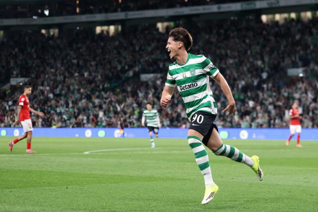 Sporting Lisbon's Portuguese forward #90 Rafael Nel celebrates scoring his team's fourth goal during the Portuguese League football match between Sporting CP and CD Santa Clara at Jose Alvalade stadium in Lisbon on April 3, 2026. (Photo by PATRICIA DE MELO MOREIRA / AFP)