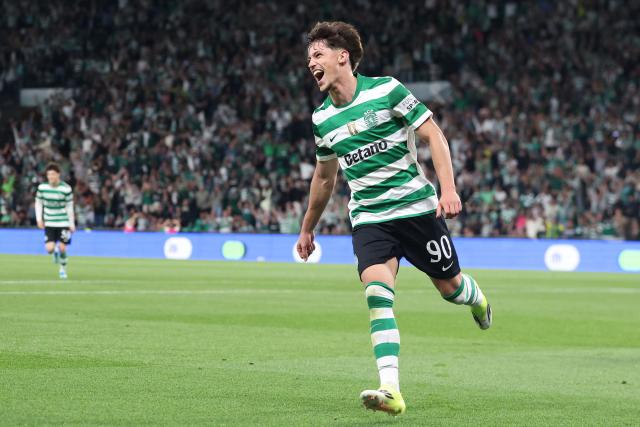 Sporting Lisbon's Portuguese forward #90 Rafael Nel celebrates scoring his team's fourth goal during the Portuguese League football match between Sporting CP and CD Santa Clara at Jose Alvalade stadium in Lisbon on April 3, 2026. (Photo by PATRICIA DE MELO MOREIRA / AFP)