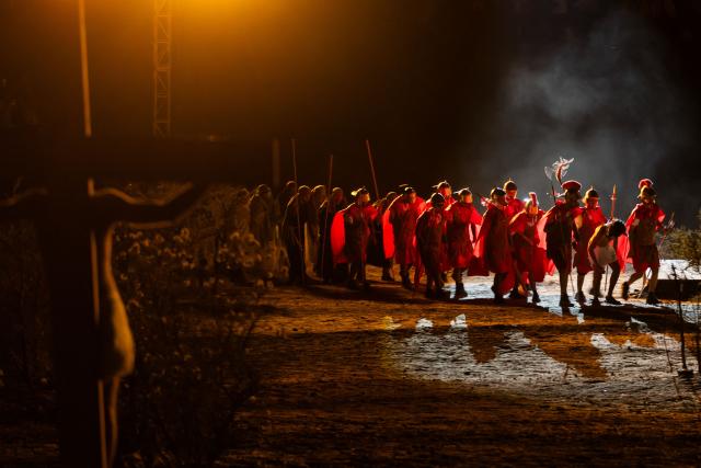 TOPSHOT - Youngsters from the Sacred Heart of Jesus Parish enact the Passion of Jesus Christ during Via Crusis (Way of the Cross) on Good Friday in Colina, Chile on April 3, 2026. (Photo by Javier TORRES / AFP)