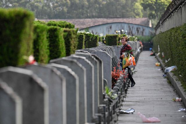 A person walks at a cemetery on the eve of the Qingming festival, also known as the Tomb-Sweeping festival, in Shanghai on April 4, 2026. (Photo by Hector RETAMAL / AFP)