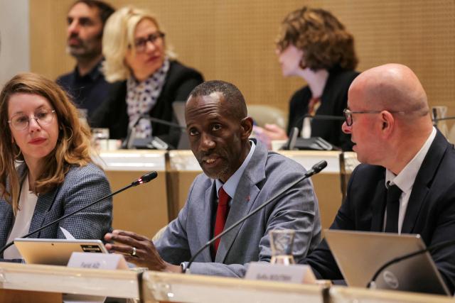 Saint-Denis Mayor Bally Bagayoko (C) chairs a municipal council meeting at the city hall in Saint-Denis, in the outskirts of Paris, on April 4, 2026. (Photo by Thomas SAMSON / AFP)