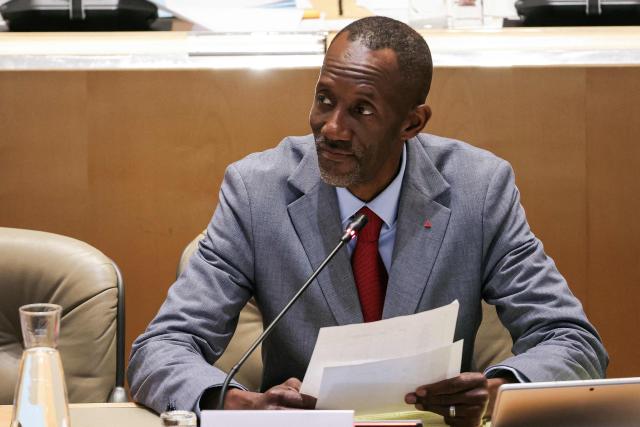 Saint-Denis Mayor Bally Bagayoko reacts during a municipal council meeting at the city hall in Saint-Denis, in the outskirts of Paris, on April 4, 2026. (Photo by Thomas SAMSON / AFP)