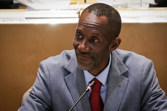 Saint-Denis Mayor Bally Bagayoko reacts during a municipal council meeting at the city hall in Saint-Denis, in the outskirts of Paris, on April 4, 2026. (Photo by Thomas SAMSON / AFP)