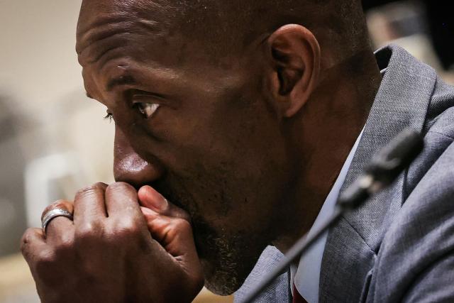 Saint-Denis Mayor Bally Bagayoko reacts during a municipal council meeting at the city hall in Saint-Denis, in the outskirts of Paris, on April 4, 2026. (Photo by Thomas SAMSON / AFP)