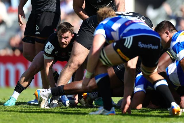 Toulon's Scottish scrum-half Ben White prepares to clear the ball out of a ruck during the European Rugby Champions Cup round of 16 rugby union match, between the Rugby Club Toulonnais (RCT) and the Stormers (Western Province) at the Stade Mayol in Toulon on April 4, 2026. (Photo by Clement MAHOUDEAU / AFP)