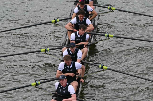 The defeated Oxford crew react at the finish of the 171th men's boat race between Oxford University and Cambridge University on the River Thames in London on April 4, 2026. (Photo by JUSTIN TALLIS / AFP)