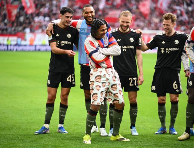 Bayern Munich's German forward #07 Serge Gnabry sports pants received by fans after the German first division Bundesliga football match between SC Freiburg and FC Bayern Munich in Freiburg, southern Germany on April 4, 2026. (Photo by Silas STEIN / AFP) / DFL REGULATIONS PROHIBIT ANY USE OF PHOTOGRAPHS AS IMAGE SEQUENCES AND/OR QUASI-VIDEO