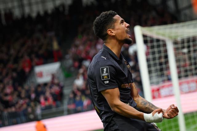 Rennes' French forward #10 Ludovic Blas celebrates after scoring during the French L1 football match between Stade Brestois 29 (Brest) and Stade Rennais FC  at the Stade Francis-Le-Ble in Brest, western France, on April 4, 2026. (Photo by Loic VENANCE / AFP)