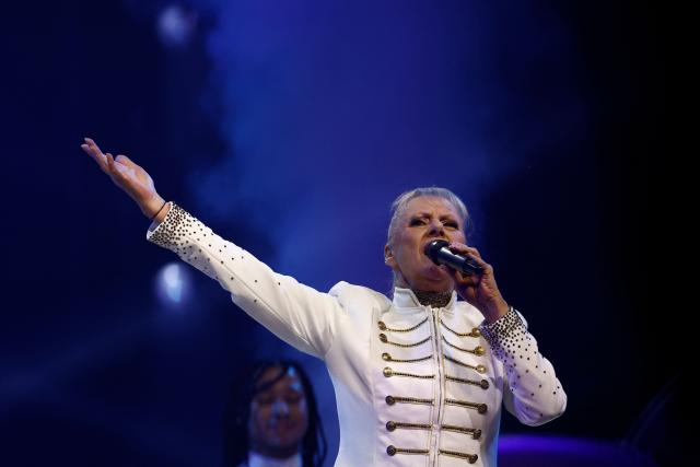 Former French TV host and singer Frederique Hoschede, also known as Dorothee, performs on stage at the Palais des Congres concert hall in Paris on April 4, 2026. (Photo by Kenzo TRIBOUILLARD / AFP)