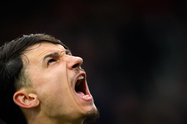 Rennes' French forward #09 Esteban Lepaul celebrates after scoring a goal during the French L1 football match between Stade Brestois 23 and Stade Rennais at the Francis-Le-Ble stadium in Brest, western France, on April 4, 2026. (Photo by Loic VENANCE / AFP)