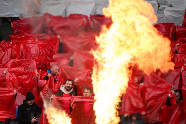 Brest's supporters cheer their team on from the stands ahead of the French L1 football match between Stade Brestois 23 and Stade Rennais at the Francis-Le-Ble stadium in Brest, western France, on April 4, 2026. (Photo by Loic VENANCE / AFP)