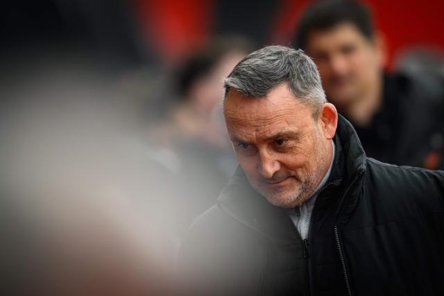 Rennes' French head coach Franck Haise attends the French L1 football match between Stade Brestois 23 and Stade Rennais at the Francis-Le-Ble stadium in Brest, western France, on April 4, 2026. (Photo by Loic VENANCE / AFP)