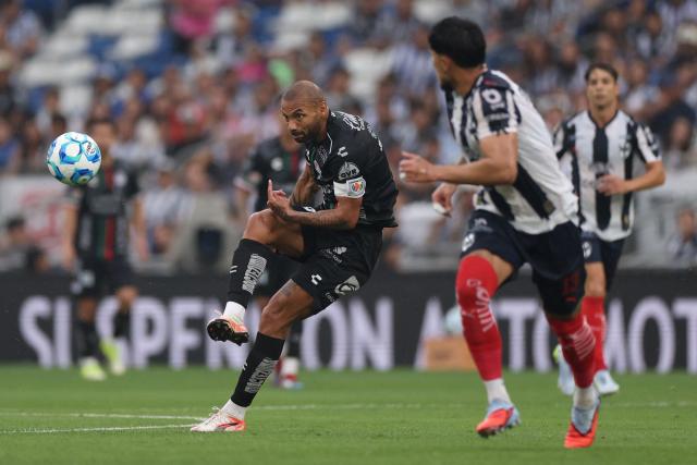 San Luis' Brazilian forward #09 Joao Pedro kicks the ball during the Liga MX Clausura football match between Monterrey and San Luis at BBVA stadium in Guadalupe, Nuevo Leon state, Mexico, on April 4, 2026. (Photo by Julio Cesar AGUILAR / AFP)