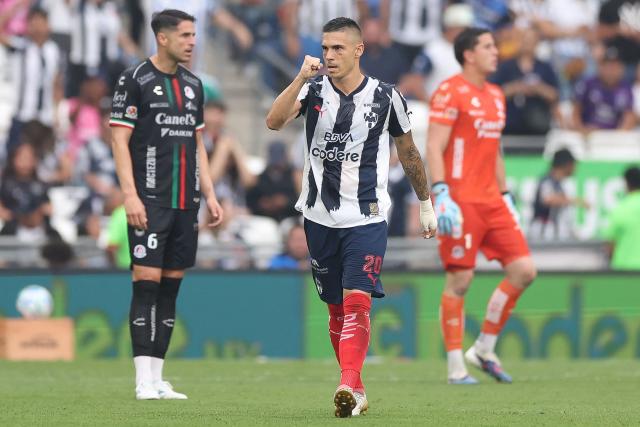 Monterrey's Montenegrin forward #20 Uros Djurdevic celebrates scoring his team's first goal during the Liga MX Clausura football match between Monterrey and San Luis at BBVA stadium in Guadalupe, Nuevo Leon state, Mexico, on April 4, 2026. (Photo by Julio Cesar AGUILAR / AFP)
