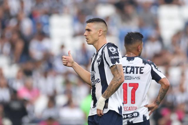 Monterrey's Montenegrin forward #20 Uros Djurdevic celebrates scoring his team's first goal during the Liga MX Clausura football match between Monterrey and San Luis at BBVA stadium in Guadalupe, Nuevo Leon state, Mexico, on April 4, 2026. (Photo by Julio Cesar AGUILAR / AFP)
