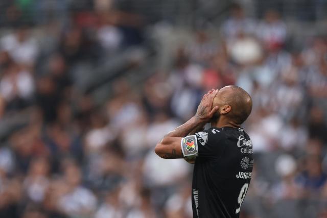 San Luis' Brazilian forward #09 Joao Pedro reacts during the Liga MX Clausura football match between Monterrey and San Luis at BBVA stadium in Guadalupe, Nuevo Leon state, Mexico, on April 4, 2026. (Photo by Julio Cesar AGUILAR / AFP)