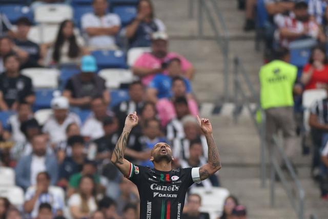 San Luis' Brazilian forward #09 Joao Pedro celebrates scoring his team's first goal during the Liga MX Clausura football match between Monterrey and San Luis at BBVA stadium in Guadalupe, Nuevo Leon state, Mexico, on April 4, 2026. (Photo by Julio Cesar AGUILAR / AFP)