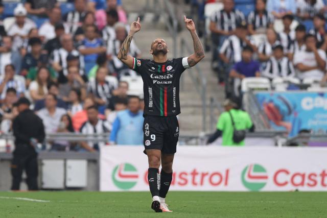 San Luis' Brazilian forward #09 Joao Pedro celebrates scoring his team's first goal during the Liga MX Clausura football match between Monterrey and San Luis at BBVA stadium in Guadalupe, Nuevo Leon state, Mexico, on April 4, 2026. (Photo by Julio Cesar AGUILAR / AFP)