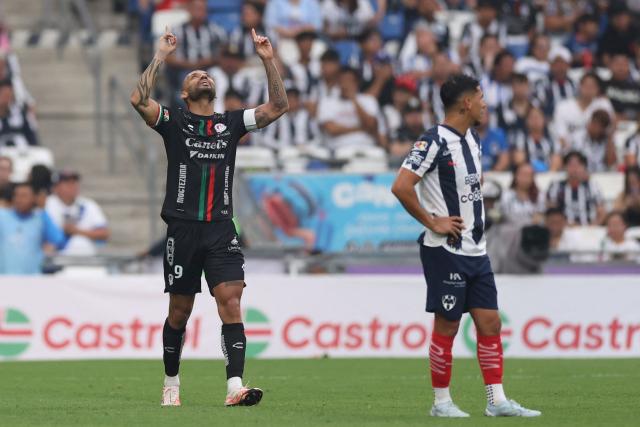 San Luis' Brazilian forward #09 Joao Pedro celebrates scoring his team's first goal during the Liga MX Clausura football match between Monterrey and San Luis at BBVA stadium in Guadalupe, Nuevo Leon state, Mexico, on April 4, 2026. (Photo by Julio Cesar AGUILAR / AFP)