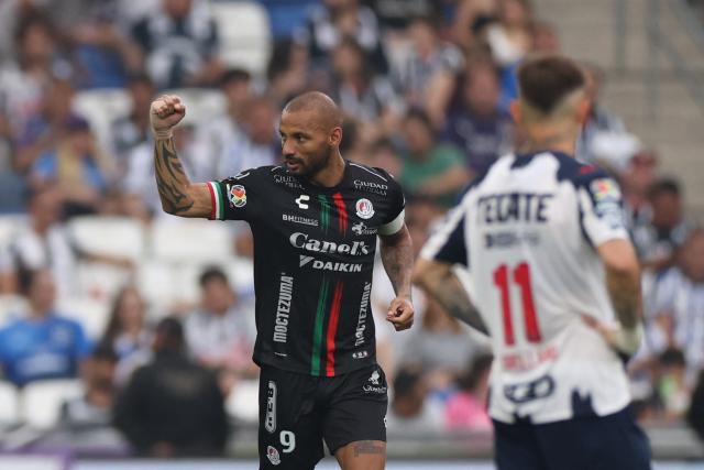 San Luis' Brazilian forward #09 Joao Pedro celebrates scoring his team's first goal during the Liga MX Clausura football match between Monterrey and San Luis at BBVA stadium in Guadalupe, Nuevo Leon state, Mexico, on April 4, 2026. (Photo by Julio Cesar AGUILAR / AFP)